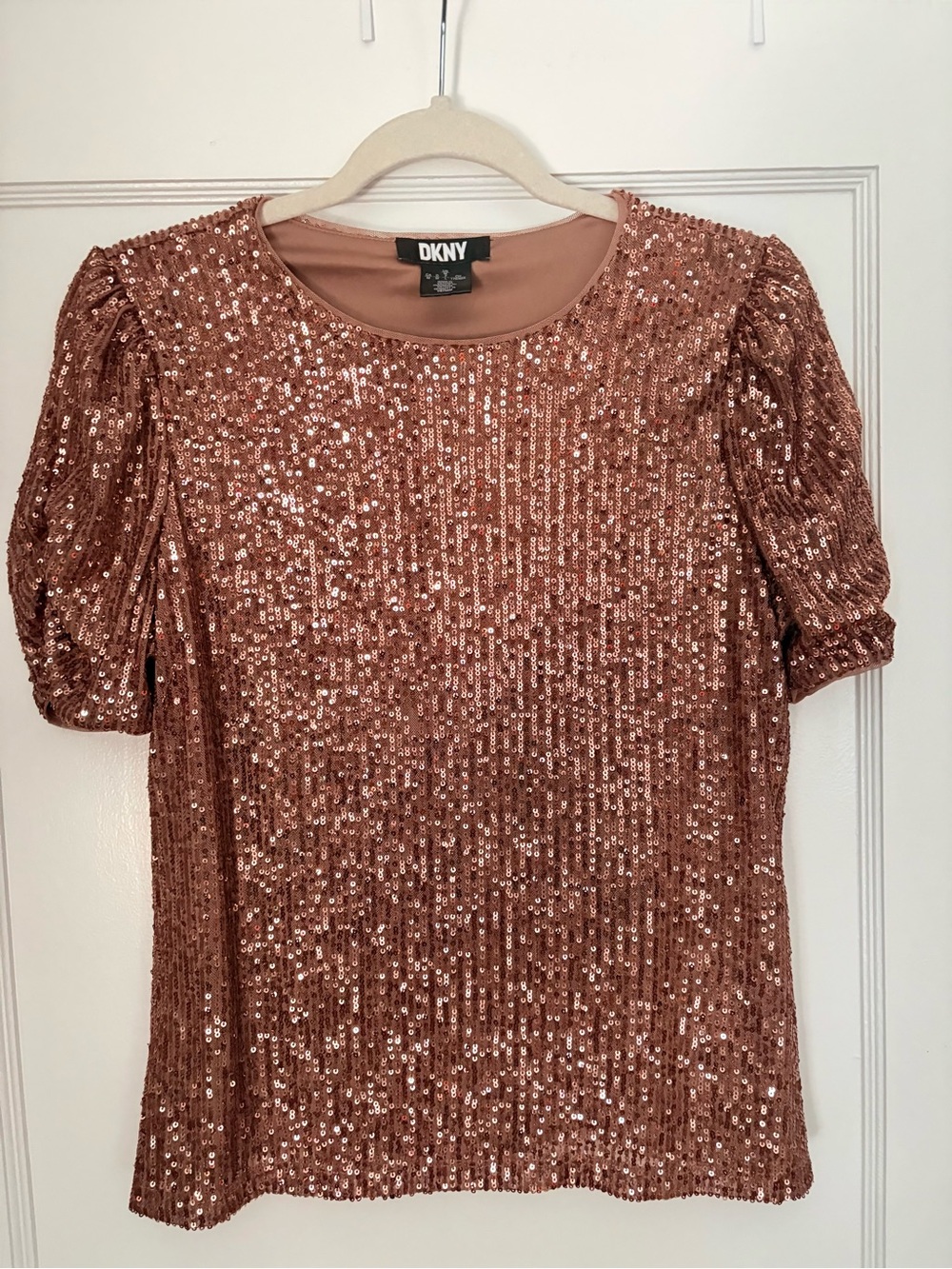DKNY Rose Gold Sequin Puff Sleeve Top